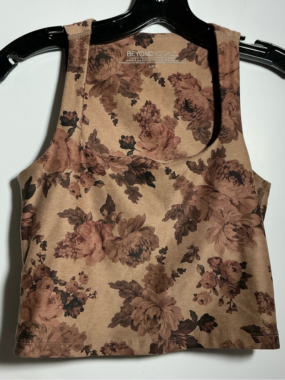 Beyond Yoga Floral Racerback Cropped Tank in Tan and Mauve S